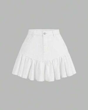 SHEIN MOD Women's Casual Denim Skirt With Button Waist Design And Ruffle Hem
