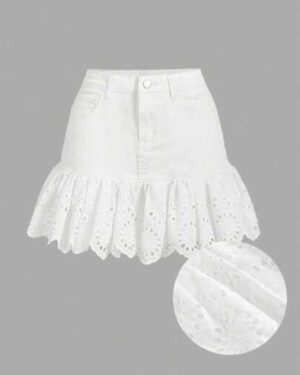 SHEIN MOD Women's Denim Patchwork Lace Mini Skirt, White,Casual Fitted,Summer For Women,St Patrick Day,Concert Women,Cruise Attire Women,Old Money,Ibiza