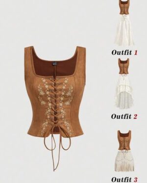 SHEIN MOD Women's Faux Suede Embroidered Floral Lace Up Corset Vest,Square Neck Sleeveless Tank Top,Brown Floral,Autumn,Cottage Core,Oktoberfest,Vacay