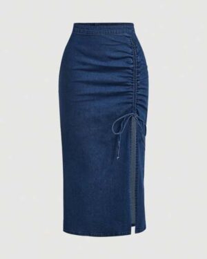 SHEIN MOD Women's Solid Color Minimalist Daily Tie-Up Denim Mini Skirt