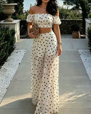 SHEIN PariChic Classic Polka Dot Vintage French Style, Top Features Off-Shoulder Puff Short Sleeves + Spaghetti Strap Design, Exposed Shoulder Cut Highlights Collarbone, Short...
