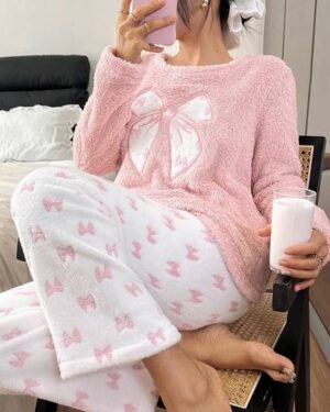 SHEIN Women's Cozy Pajama Set, Fluffy Long Sleeve Top With Bow Embroidery, Bow Print Pants, Cute Round Neck, Autumn/Winter