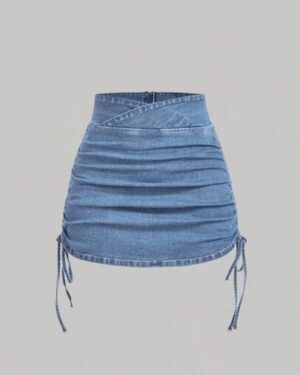 SHEIN x Lina SHEIN MOD Women's Casual Denim Skirt With Zipper Back And Side Ruched Design
