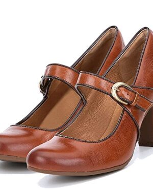 SHODENSE Vintage Orange Kitten Heel Mary Jane Shoes Women Ankle Strap Round Toe Dress Shoes Chunky Block Heels Mary Jane Lolita Pumps Two-Toned Patchwork Retro Ladies Office Wedding Matte Tan 6