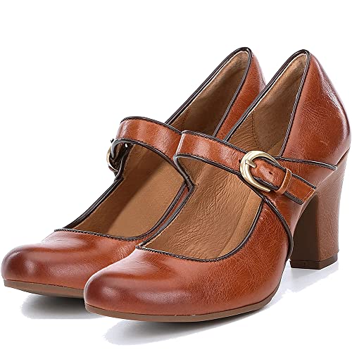 SHODENSE Vintage Orange Kitten Heel Mary Jane Shoes Women Ankle Strap Round Toe Dress Shoes Chunky Block Heels Mary Jane Lolita Pumps Two-Toned Patchwork Retro Ladies Office Wedding Matte Tan 6