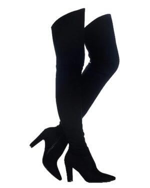 Shoe'N Tale Women Stretch Suede Chunky Heel Over The Knee Boots Thigh High for Women (7,Suede Black)