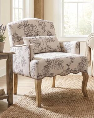 Shunzhi Floral Accent Chairs Farmhouse Upholstered Armchair Linen Reading Chair Mid Century Modern Single Sofa Chair with Pillow for Bedroom/Living Room/Fireplace, Beige, 1PC