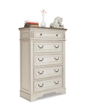 Signature Design by Ashley Realyn French Country 5 Drawer Chest, Tipover Restraint Device, 2-tone Finish, Wood, 40.13" W x 18.13" D x 58.13" H, Chipped White