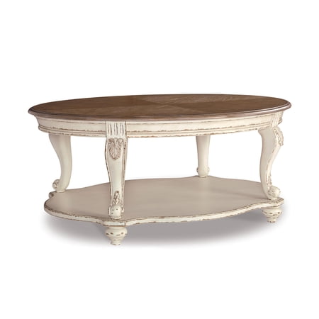 Signature Design by Ashley Realyn White and Brown Farmhouse Style Coffee Table with Storage Shelf