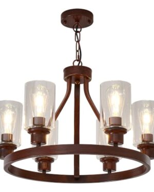Sivilynus Farmhouse Wood Chandelier, Faux Wood Round Rustic Ceiling Hanging Light, Dining Room Light Fixture, Kitchen Lights Ceiling Hanging, 6-Light with Glass Globes Adjustable Height Metal E26