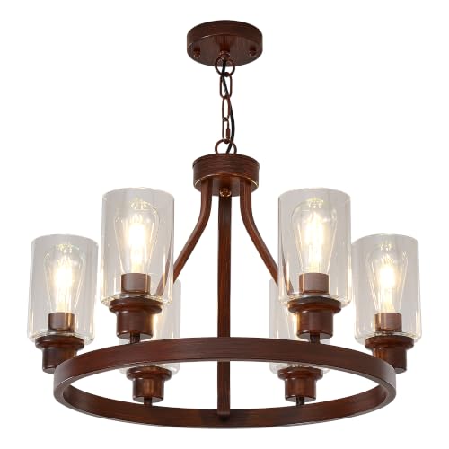 Sivilynus Farmhouse Wood Chandelier, Faux Wood Round Rustic Ceiling Hanging Light, Dining Room Light Fixture, Kitchen Lights Ceiling Hanging, 6-Light with Glass Globes Adjustable Height Metal E26