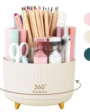 SKYDUE 360 Rotating Plastic Desk Pen Organizer with 5 Slots, Dual-Purpose Art Supply Pencil Cup for Office, School, Home