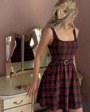 Skyraze Women's Red Plaid Mini Dress With Belt Square Neck Sleeveless A Line Skater Dress,Black And Red,Autumn,Retro Vintage,Everyday,Back-To-School,Party
