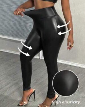 Slaydiva High Waist High Elasticity Yoga Leggings Fine Stitch Design Pu Fabric Women Leggings Night Black Summer Sexy