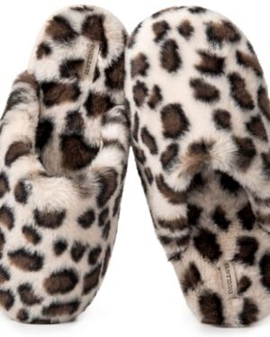 Snug Leaves Women's Scuff Slippers Fuzzy House Shoes Cheetah Beige,7-8 US