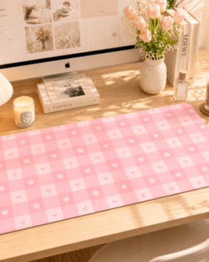 Soft Girl Desk Mat Pink Gingham Hearts Flowers Home Office Decor