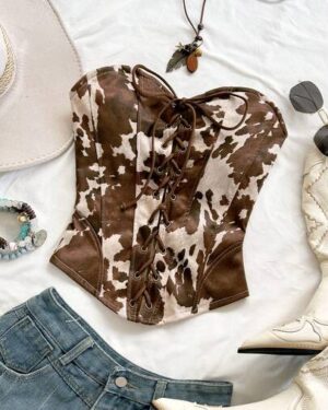Soleia Suede Bandeau Tie-Up Rivet Crop Top,White Animal Print,Western,Night Out Cow Print Leather Corset Top,Boho Music Festival Top No Chest Padding