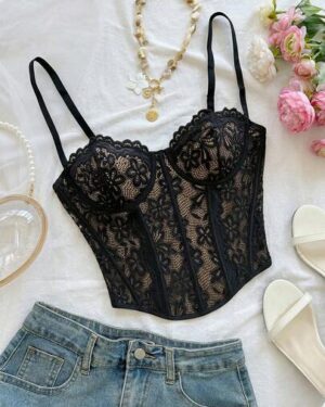 SHEIN | Elegant Beige Floral Lace Bustier Camisole Corset
