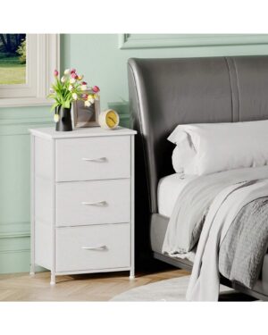 Somdot Nightstand, 3 Drawer Dresser For Bedroom, Bedside Table Night Stand End Table With Fabric Bins For Bedroom Nursery Closet Dorm Living Room