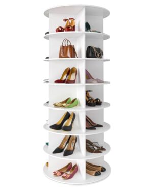 SpaceAid 7 Tier Rotating Shoe Rack Tower, Spinning Shoe Display Lazy Susan, Revolving 360 Shoe Rack Storage Round Carousel, Vertical Handbag Rotate Shoes Closet Organization (7-Tier White)