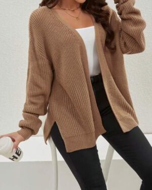 Spring/Autumn Casual Solid Color Loose Cardigan With Side Slits And Drop Shoulders,Long Sleeve Tops Brown