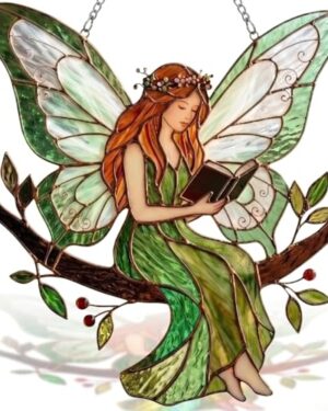 Stained Acrylic Fairy Reading a Book Suncatcher, Decorative Hanging Ornament, Christmas Ornament, Car Rearview Mirror Charm, Gift for Fairy Lovers, Women, Girls, Teachers(Sun-40)