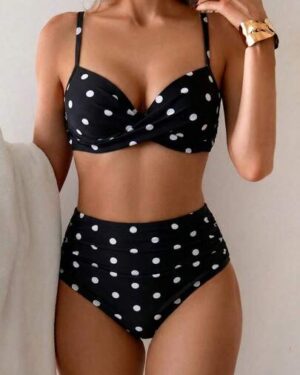 Summer Solid Color Elegant Bohemian Sweet Style Two Pieces Bikini Swimsuit Beach Vacation Set Polka Dot