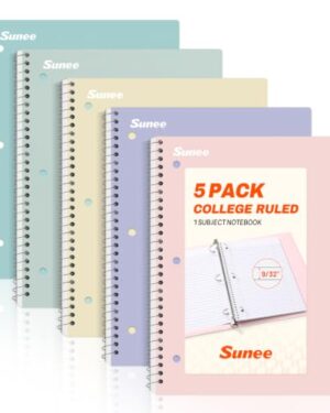 SUNEE Spiral Notebooks, 1-Subject, 5 Pack, College Ruled Paper, 8" x 10-1/2", 70 Sheets per Notebook,3-Hole Punched Paper, Pink,Purple, Blue, Green, Yellow Spiral Lined Notebooks for School,Work