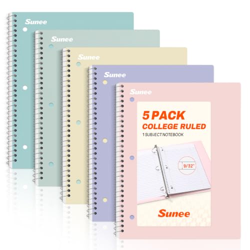 SUNEE Spiral Notebooks, 1-Subject, 5 Pack, College Ruled Paper, 8" x 10-1/2", 70 Sheets per Notebook,3-Hole Punched Paper, Pink,Purple, Blue, Green, Yellow Spiral Lined Notebooks for School,Work
