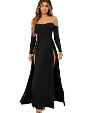 SweatyRocks Women's Elegant Off Shoulder Double High Slit Long Sleeve Dress A Line Maxi Dresses Black XL