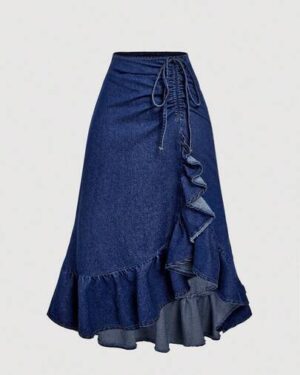Sweetra Fashionable Casual Tie-Up Bow Ruffle Hem Denim Mini Skirt