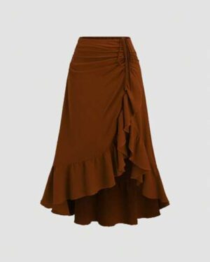 Sweetra Women's Rich Brown Summer Elegant High-Low Hemline Skirt,Drawstring Ruffle Tier Party Skirt,Bohemian Vacation Holiday Vintage-Style Fall Cloth