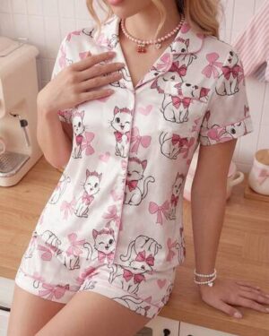 SweetSlumber Pink Satin Cat Print Women's Short Sleeve Short Sets With Lapel Collar And Pockets Elegant Halloween Pajamas Women Summer PJS Silk Pjs