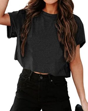 Tankaneo Women Short Sleeve Cropped T-Shirts Crew Neck Loose Crop Tops Summer Casual Drop Shoulder Basic Tees Black