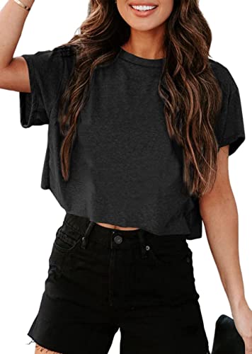 Tankaneo Women Short Sleeve Cropped T-Shirts Crew Neck Loose Crop Tops Summer Casual Drop Shoulder Basic Tees Black