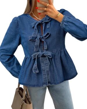 Tankaneo Womens Puff Long Sleeve Denim Tie Front Babydoll Peplum Blouse