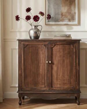 The support you need Antique Solid Wood Sideboard with Adjustable Feet, 2 Shelves Storage Accent Cabinet with 2 Doors, Farmhouse Vintage Buffet Credenza for Kitchen, Easy Assembly, Walnut