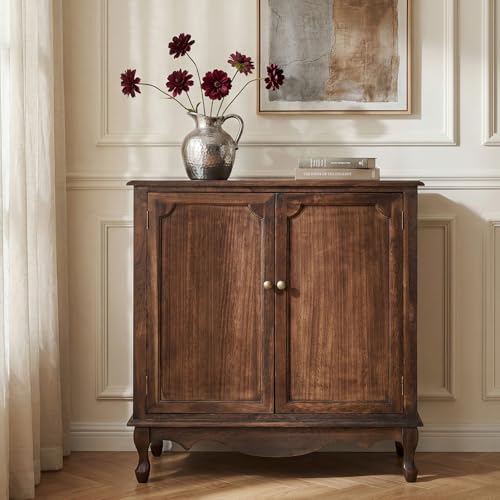 The support you need Antique Solid Wood Sideboard with Adjustable Feet, 2 Shelves Storage Accent Cabinet with 2 Doors, Farmhouse Vintage Buffet Credenza for Kitchen, Easy Assembly, Walnut