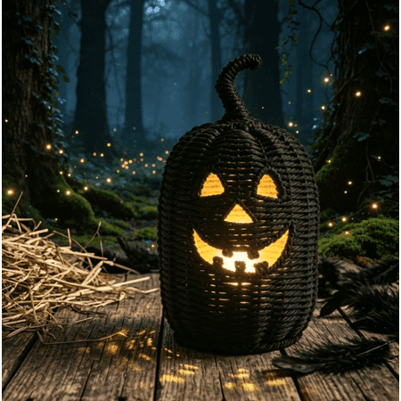 THOPBPRK 2026 Black Halloween Woven Pumpkin Jack-O'-Lantern, Halloween Decorations Pumpkin, USE LED Candle, Rattan Fall Halloween Decor for Home, 1Pack 11.8 Inch A