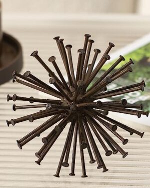 TICKCACY Metal Starburst Sculpture, Spike Tabletop Decorative Sphere, Small Abstract Geometric Urchin Decor Ball, Rusty Iron Table Top Decoration Orb for Home Living Room Bedroom Office Shelf