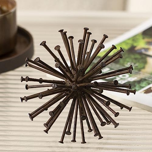 TICKCACY Metal Starburst Sculpture, Spike Tabletop Decorative Sphere, Small Abstract Geometric Urchin Decor Ball, Rusty Iron Table Top Decoration Orb for Home Living Room Bedroom Office Shelf