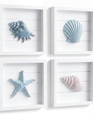 Tide and Tales 3D Coastal Wall Art, Beach Wall Decor, Framed Set of 4
