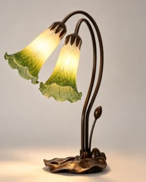 Tiffany Style Table Lamp, 2 Light Stained Glass Bedside Flower Lamp, Antique Pond Lily Vintage Accent Lamp with Hand Blown Green Shade and Lotus Leaf Base Night Light for Bedroom Living Room Décor
