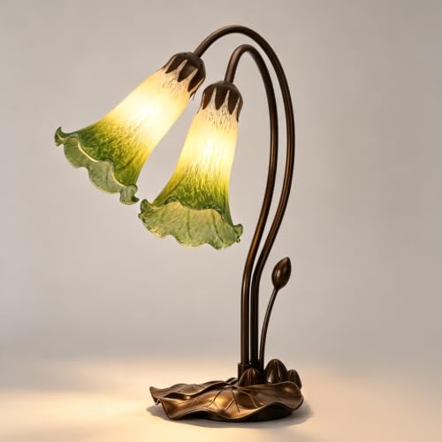 Tiffany Style Table Lamp, 2 Light Stained Glass Bedside Flower Lamp, Antique Pond Lily Vintage Accent Lamp with Hand Blown Green Shade and Lotus Leaf Base Night Light for Bedroom Living Room Décor