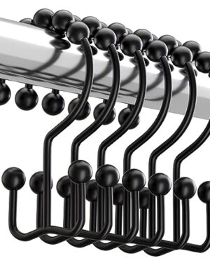 Titanker Black Shower Curtain Hooks Rings, Rust-Resistant Metal Double Glide Shower Hooks for Bathroom Shower Rods Curtains, Set of 12 Hooks - Matte Black