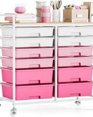 TOOLF 12 Drawers Rolling Storage Cart with Wooden Top for Classroom,Pink