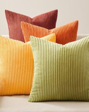 Topfinel Fall Burnt Orange Decorative Throw Pillows Covers 18x18 Inch Set of 4,Yellow Green Gradient Series Corduroy Striped Square Pillow Case,Western Modern Cushion Cover for Couch Sofa Bedroom