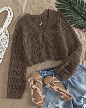 Travachic Women's Coffee Brown Summer Casual Textured Sheer Open Front Long Sleeve Cardigan,Boho Vacation Bohemian Tops For School,Holiday,Beach,Music Festival