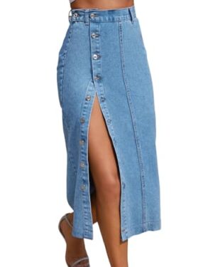 Trendy High Waisted Denim Skirt for Women Button Front Slit Midi Skirt for Ladies Fashion 2025 Summer-Blue-XL