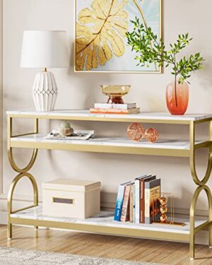 Tribesigns 3-Tier Console Table, 55 inch Sofa Table with Open Storage Shelves, Narrow Long Hallway/Entryway Table with Faux Marble Top for Home Living Room Entryway, White & Gold